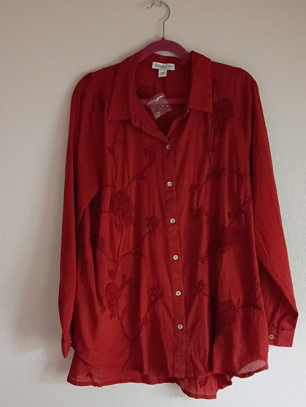 Coldwater Creek Red Floral-Embroidered Button Front Camisole Top L 100% Cotton